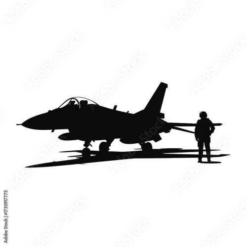 Silhouette of a fighter jet and pilot on tarmac ready for mission