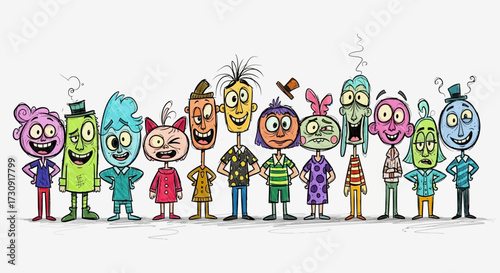 A colorful group of cartoon characters with diverse appearances standing in a row against a white background.