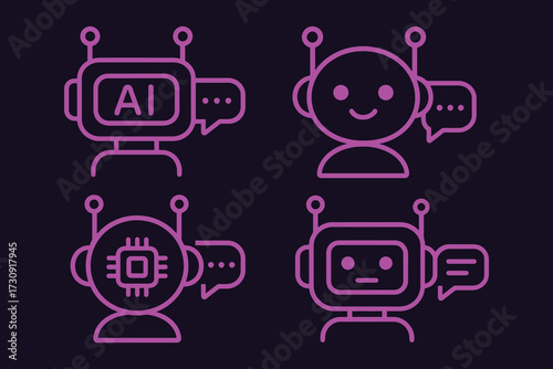 Four stylized robot avatars with speech bubbles representing ai and communication concepts