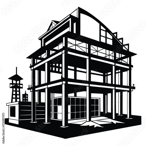 Black and White Illustration of an Unfinished Building with Tower Structure Next To it