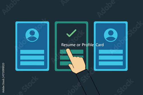 Hand selecting a resume or profile card from a lineup of options finger pointing