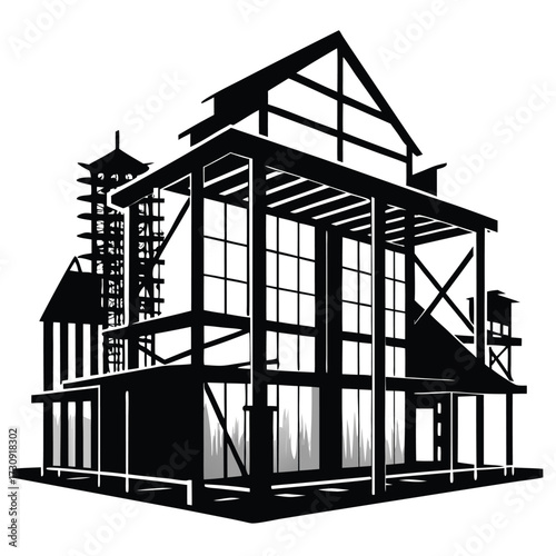 Black Silhouette of an Abstract Architectural Design Featuring Multiple Buildings and Geometric Structures
