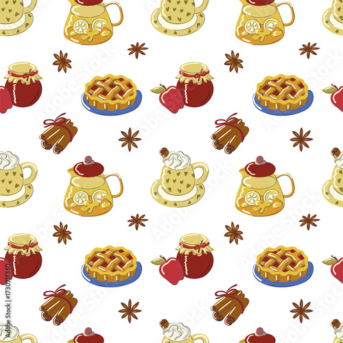 Cozy Autumn Tea TimSeamless pattern with cozy autumn tea party. Cup and saucer, teapot with ginger-lemon tea, pie, jam jar, cinnamon and star anise on white background.