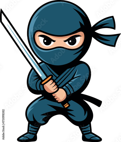 Cute cartoon ninja warrior holding a sword, ready for action with a determined expression.