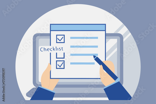 Hands holding checklist and pen over laptop screen writing