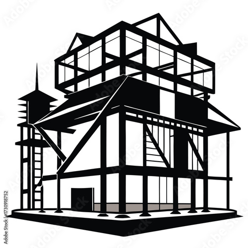 Striking Black Silhouette of a MultiLevel Building Structure with Tower and Frameworks Design