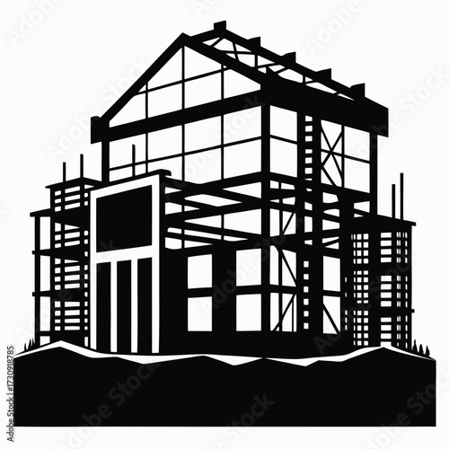 Black Silhouette of a Construction Site Featuring Scaffolding and Building Frame