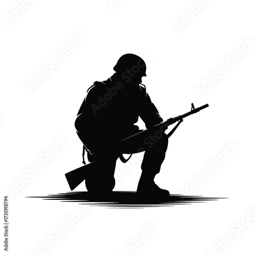 Silhouette of a soldier kneeling with rifle ready for duty vigilant guard military service