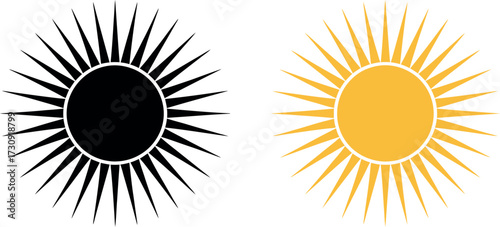 Two stylized suns, one black and one yellow, radiating energy against a white background.
