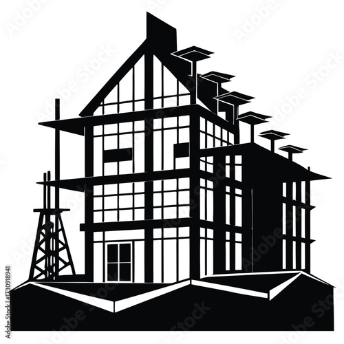 Black and White Silhouette of MultiStory Building with Windows and Scaffolding Detail