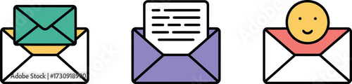 Three colorful envelopes with messages and a smiley face, representing communication and connection.