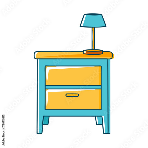 Cartoon illustration of a bedside table with a lamp on top of it