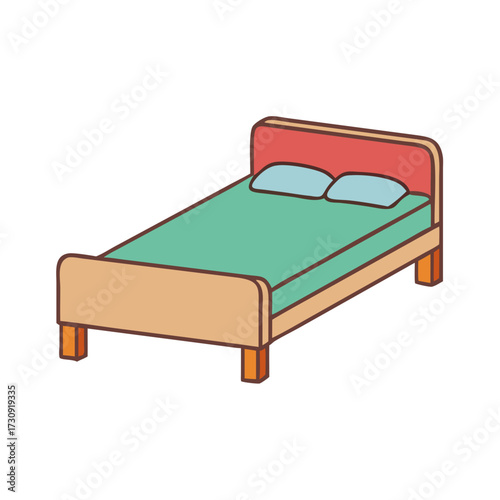 Isometric cartoon bed with blue pillows and green mattress illustration vector
