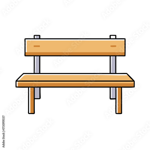 Cartoon illustration of a wooden park bench with metal supports standing still