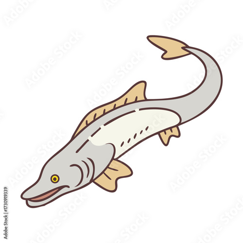 Stylized Northern Pike illustration with distinct fin, color, and body markings