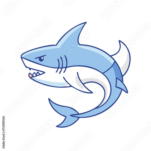 Cartoon blue shark with an angry expression ready to attack some prey