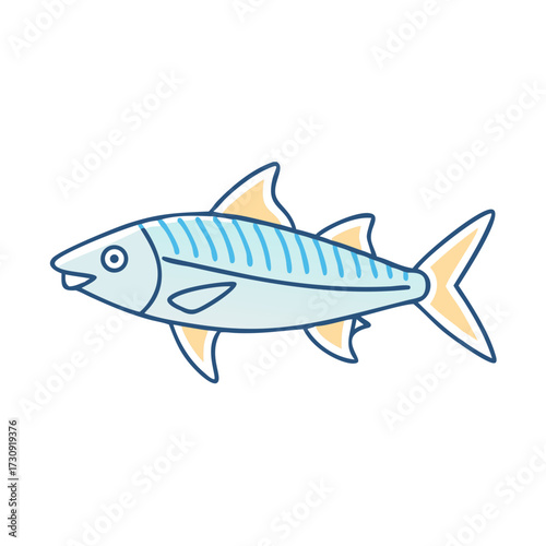 Illustration of a Mackerel Fish with Stripes and Yellow Fins, Fresh Seafood