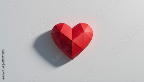Red geometric origami heart on a minimal white background with copy space