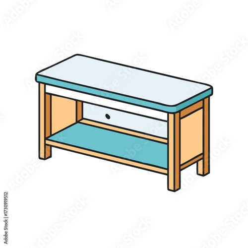 Isometric style, wooden table with white top and shelf for storage