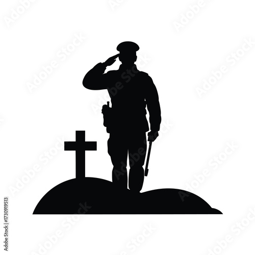 Solemn soldier saluting a tombstone memorial honoring fallen heroes