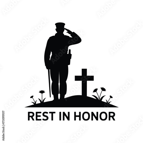 Solemn soldier saluting at a grave marker with rest in honor message