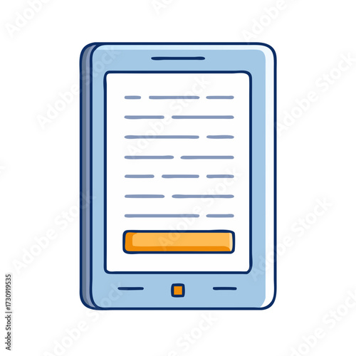 Blue eReader with Text on Screen and Orange Button Illustration
