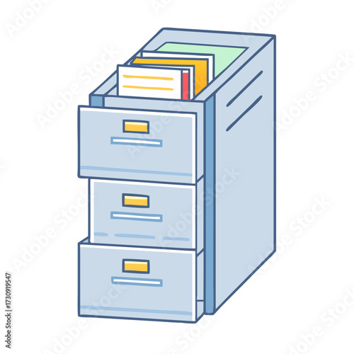 Cartoon style file cabinet with three drawers and several document folders