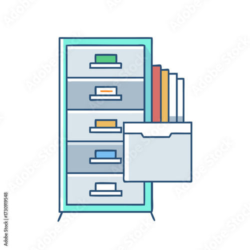 Illustration of filing cabinet with open drawer and documents in office