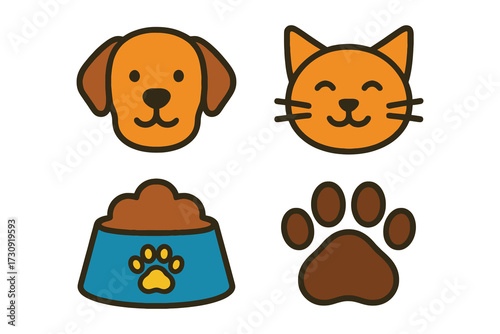 Cute cartoon dog and cat faces with food bowl and paw print icons