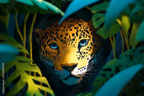 A close-up view reveals a jaguars face surrounded by vibrant foliage in a rainforest. The tropical colors create depth with light and shadow, showcasing an intricate, hollow design