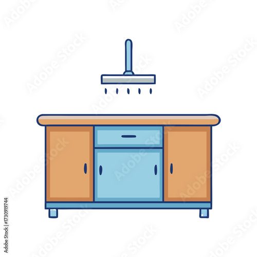 Stylized drawing of a cabinet with a drawer and a cleaning tool