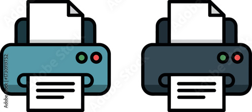 Two simple printers with paper outputting documents, one teal and one dark gray.