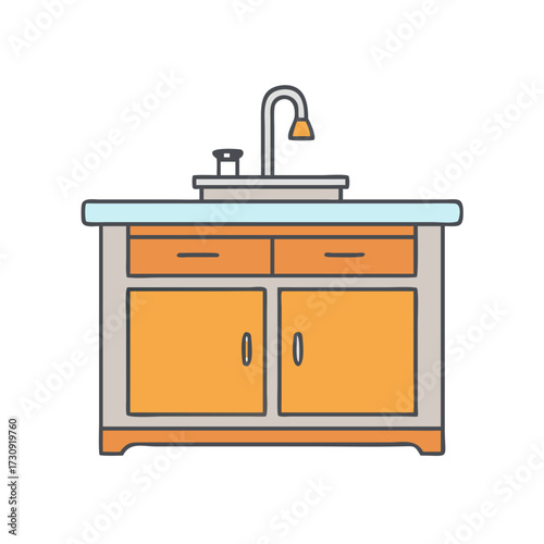 Illustration of a charming orange and grey bathroom vanity with drawers and doors