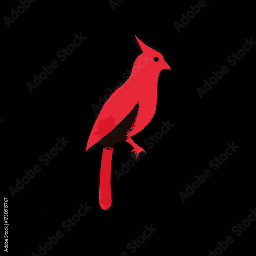 Vibrant red bird silhouette with crest on a stark black background, minimalist graphic design, avian elegance, simple and striking
