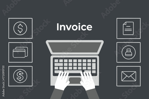 Laptop with hands typing and invoice icons on dark grey background computer keyboard