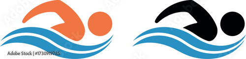 Two stylized swimmers in orange and black icons glide through blue waves.
