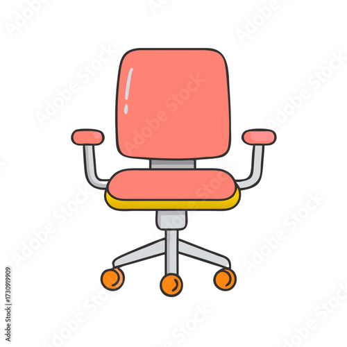Illustration of a pink office chair with armrests and wheels on white