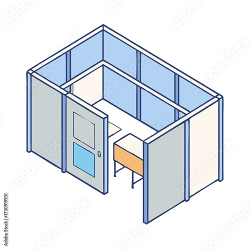 Isometric illustration of an office cubicle with a table and an open door