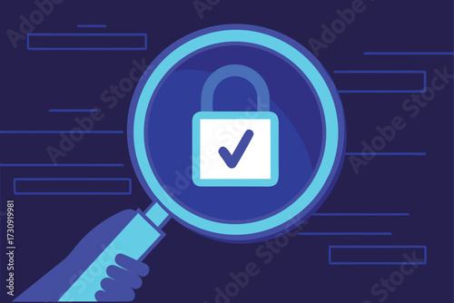 Magnifying Glass Over Padlock with Check Mark Symbol security privacy