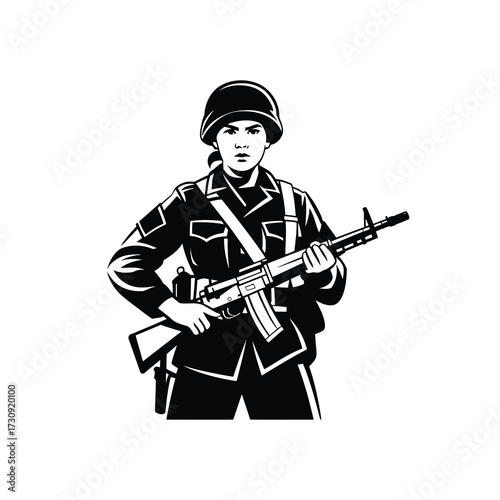Brave soldier in uniform holding assault rifle ready for combat action