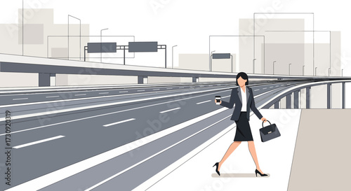 Businesswoman commuter navigating urban landscape holding coffee and briefcase on the go