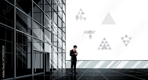 Businessman using smartphone in modern corporate building reflecting innovation and technology for