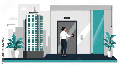 Businesswoman pressing elevator button in modern office building interior with city view