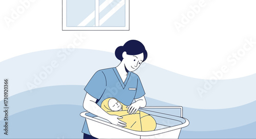 Caring nurse attending to a newborn baby in a hospital setting with a calming atmosphere