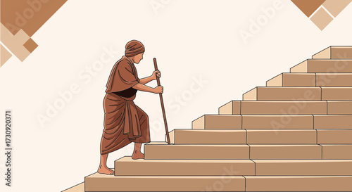 Cartoon illustration depicting a man climbing stairs as a metaphor for perseverance and achievement