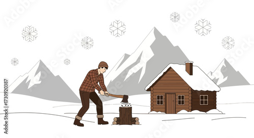 Cartoon illustration of a lumberjack chopping wood in a snowy winter landscape near a cabin with