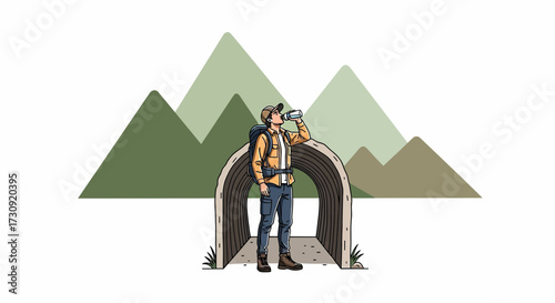 Cartoon illustration of a hiker drinking water in front of mountain range backdrop scenery