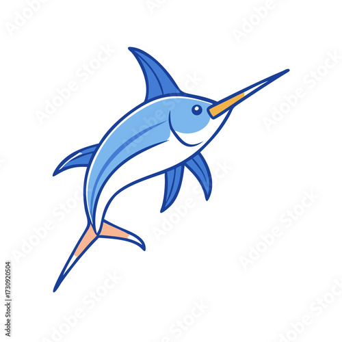Stylized blue and yellow swordfish illustration on a white background facing forward