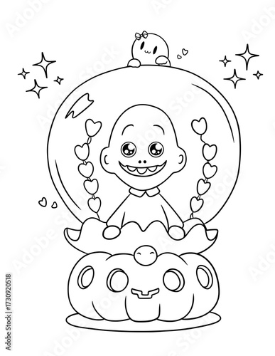 Cute Ghosts Halloween Coloring Page in Pumpkin Globe under Night Sky 