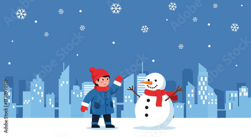 Cheerful winter scene depicting a child building a snowman in the city backdrop